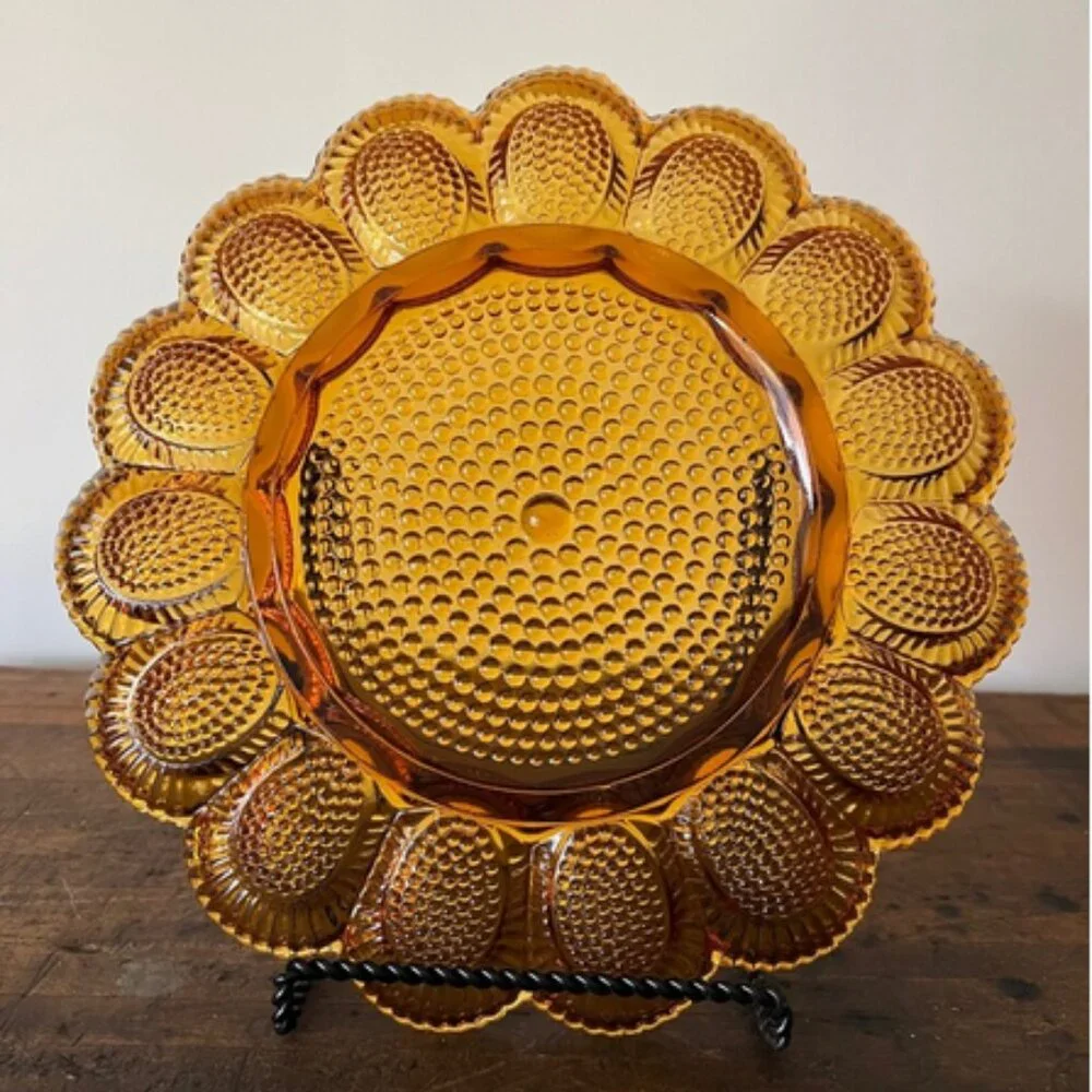 Vintage Indiana Hobnail Raised Amber Carnival Glass Deviled Egg Platter - Picture 4 of 5